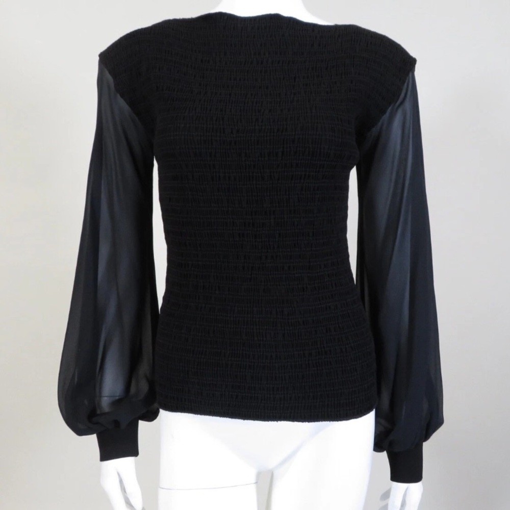 Giorgio Armani Collezioni Black Smocked Blouse with Sheer Sleeves 40